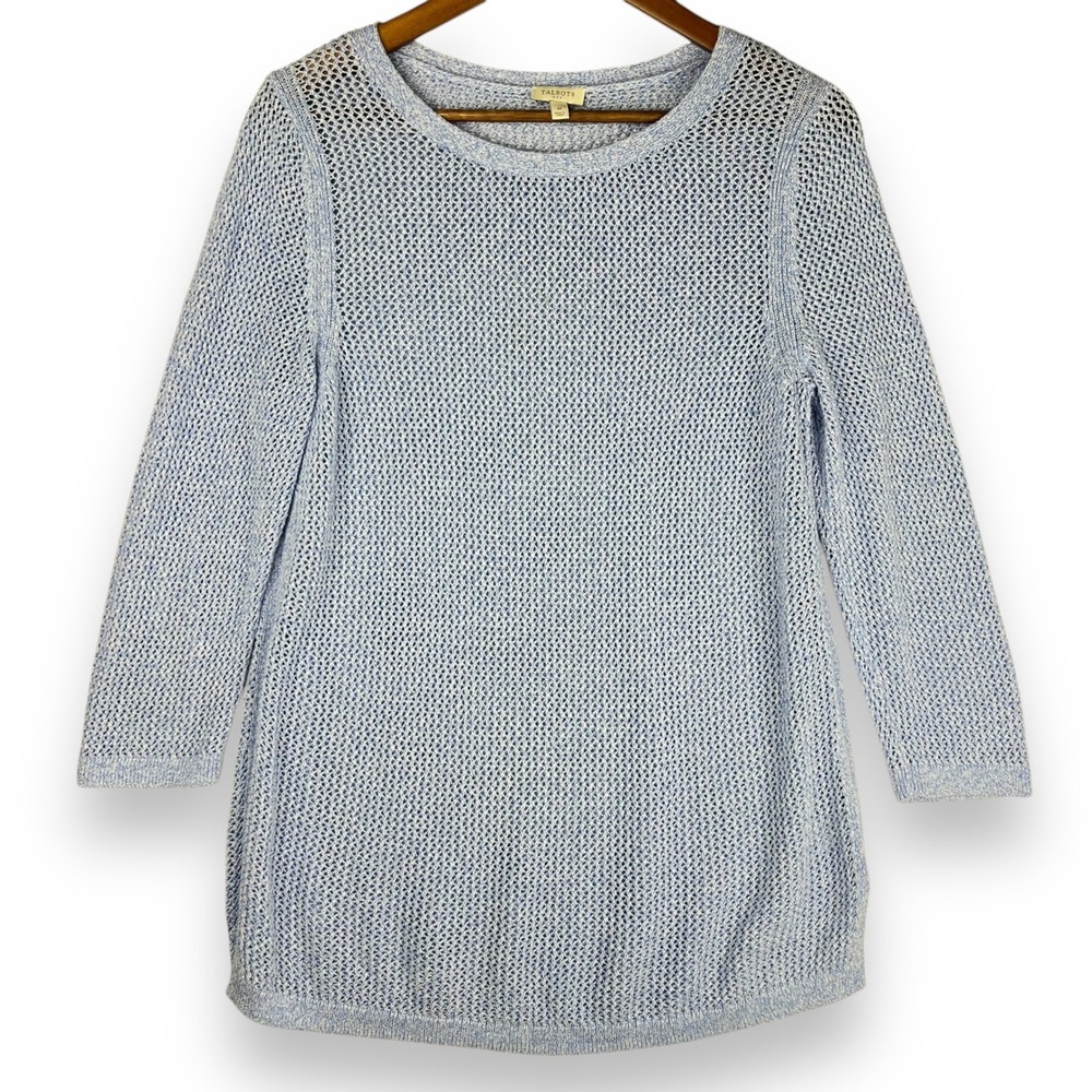 Talbots 100% Cotton Knit Blue Open Weave Sweater Coastal Beach Lightweight M